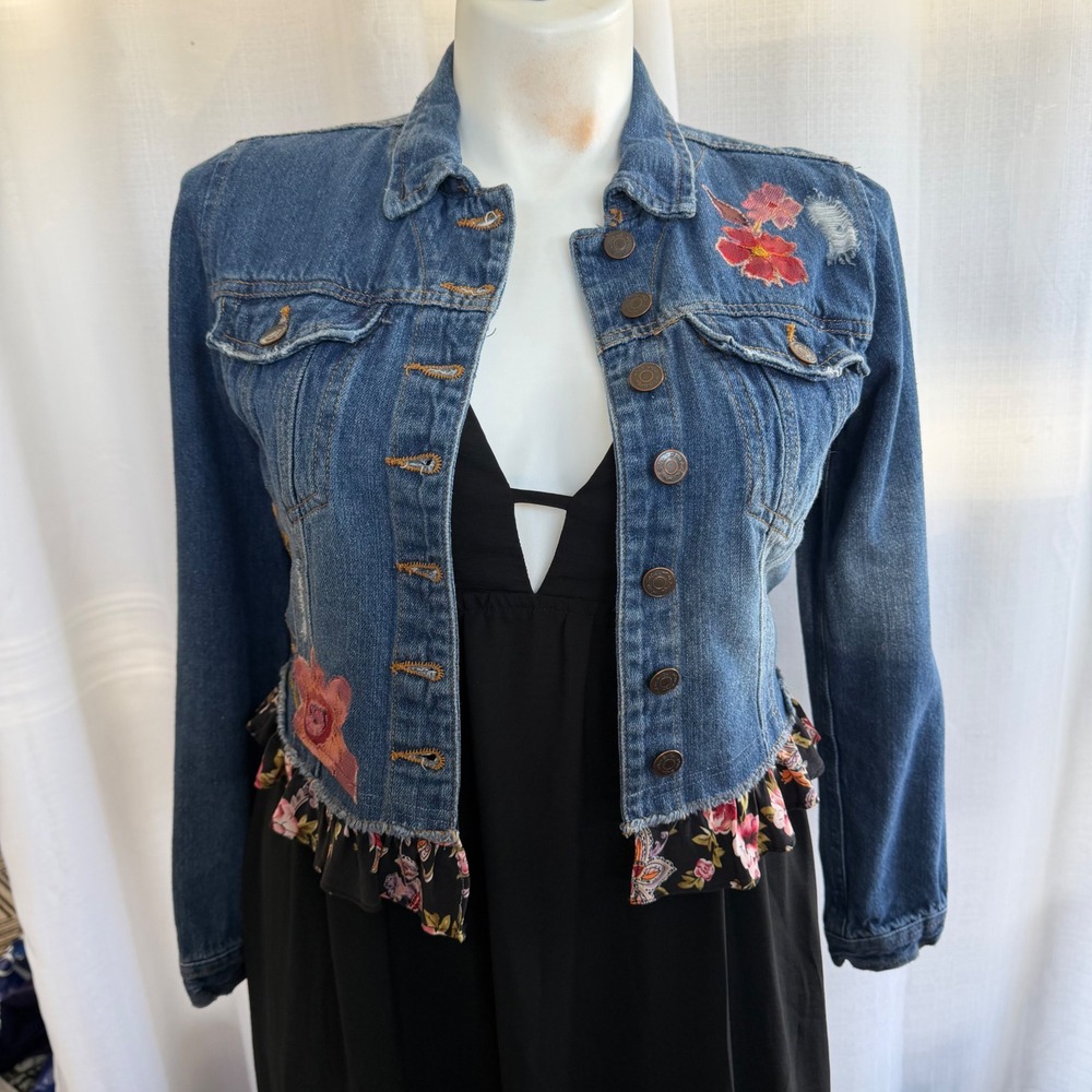 Floral Embroidered Denim Jacket Size M Upcycled One of a Kind Boho Western